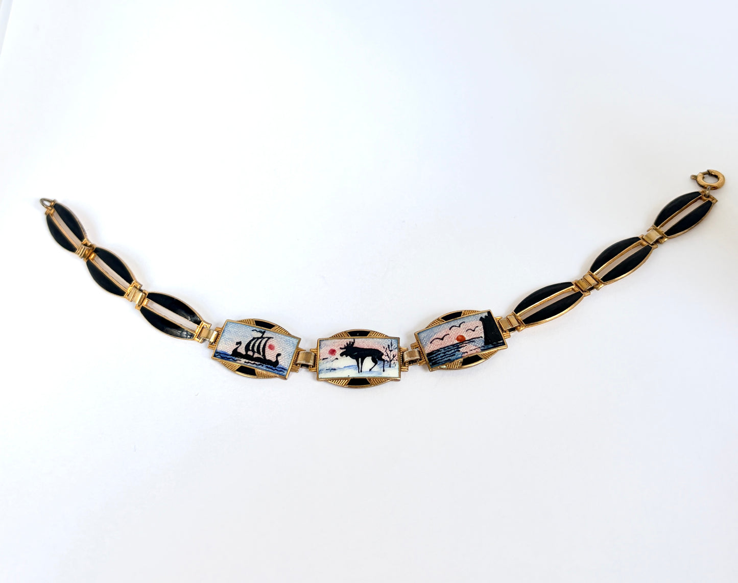 Aksel Holmsen, Norwegian, Sterling Gilt, Enamel (Winter Scene) Panel Link Bracelet (1940s)