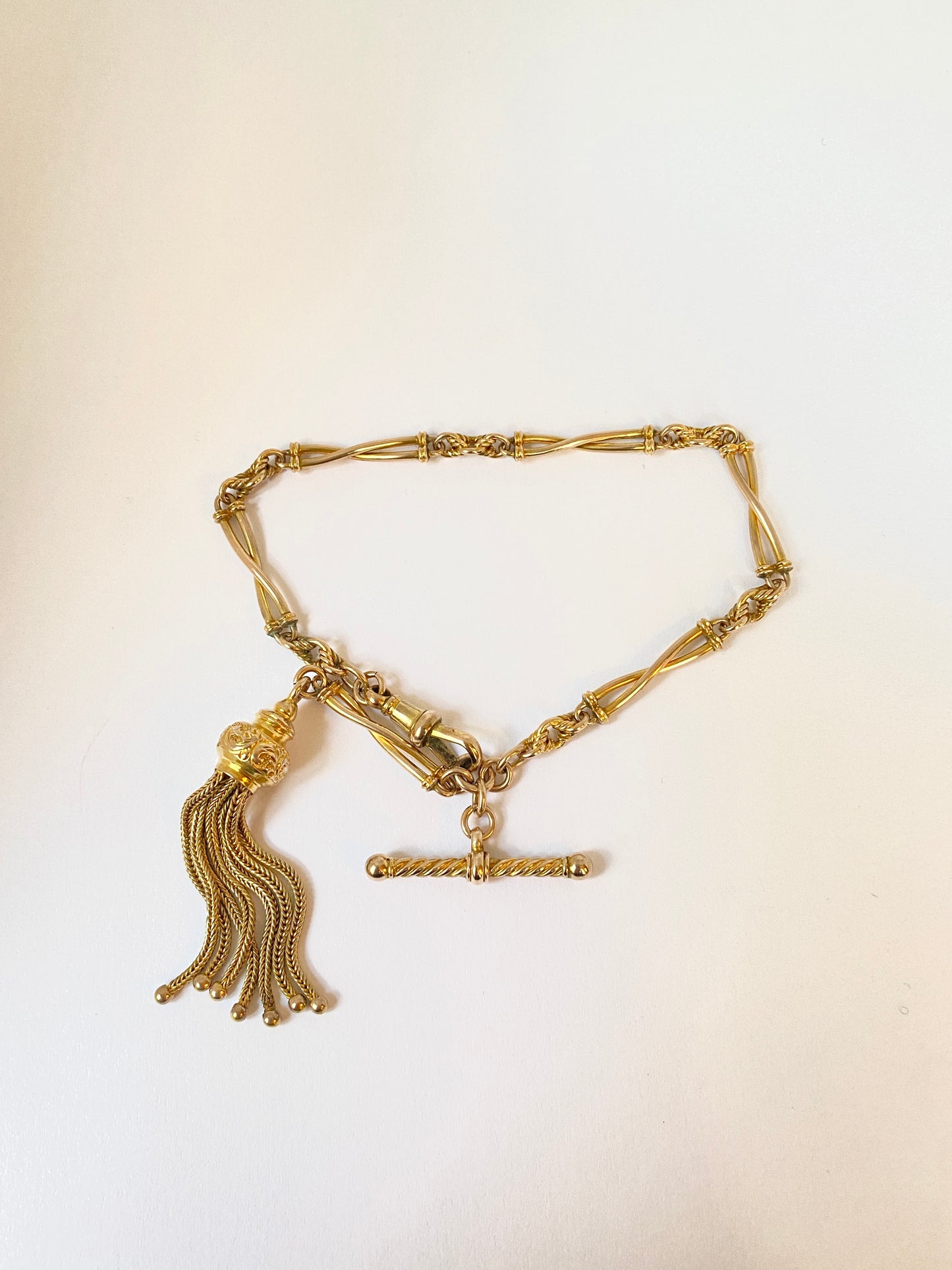 Antique, 9ct Gold Albertina Fancy Link Watch Chain Bracelet with T Bar, Dog Clip and Tassel