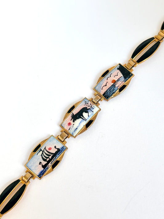 Aksel Holmsen, Norwegian, Sterling Gilt, Enamel (Winter Scene) Panel Link Bracelet (1940s)