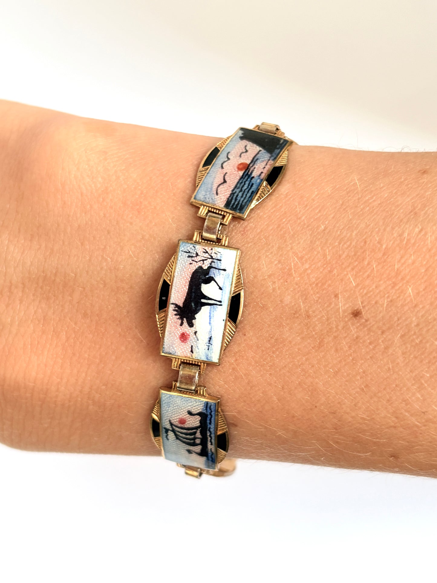 Aksel Holmsen, Norwegian, Sterling Gilt, Enamel (Winter Scene) Panel Link Bracelet (1940s)