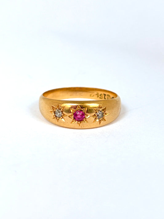 Antique 18ct Ruby And Diamond Star Ring, Hallmarked for 18ct Gold, Birmingham 1906