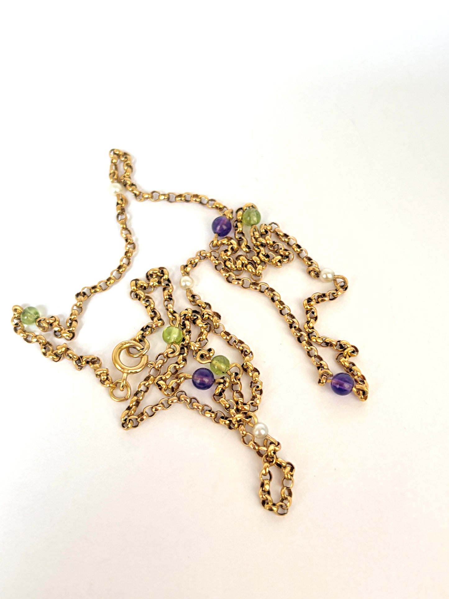26 inch Vintage, 9ct Gold, Multi Gem (Suffragette Colours: Amethyst, Peridot and Pearl) Chain, 7.17g