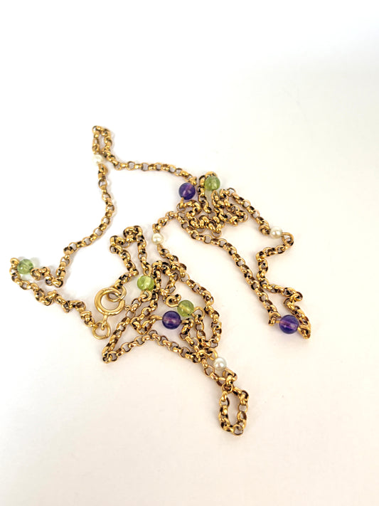 26 inch Vintage, 9ct Gold, Multi Gem (Suffragette Colours: Amethyst, Peridot and Pearl) Chain, 7.17g