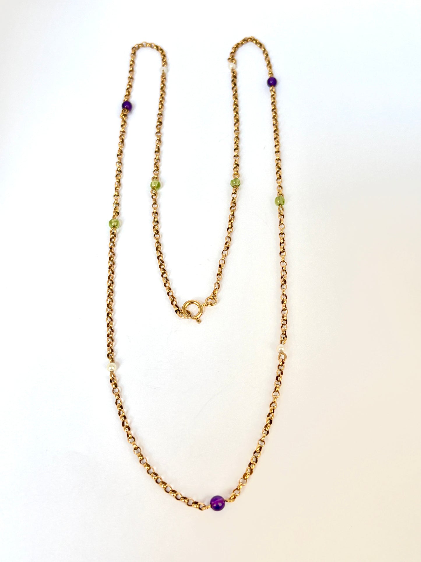 26 inch Vintage, 9ct Gold, Multi Gem (Suffragette Colours: Amethyst, Peridot and Pearl) Chain, 7.17g
