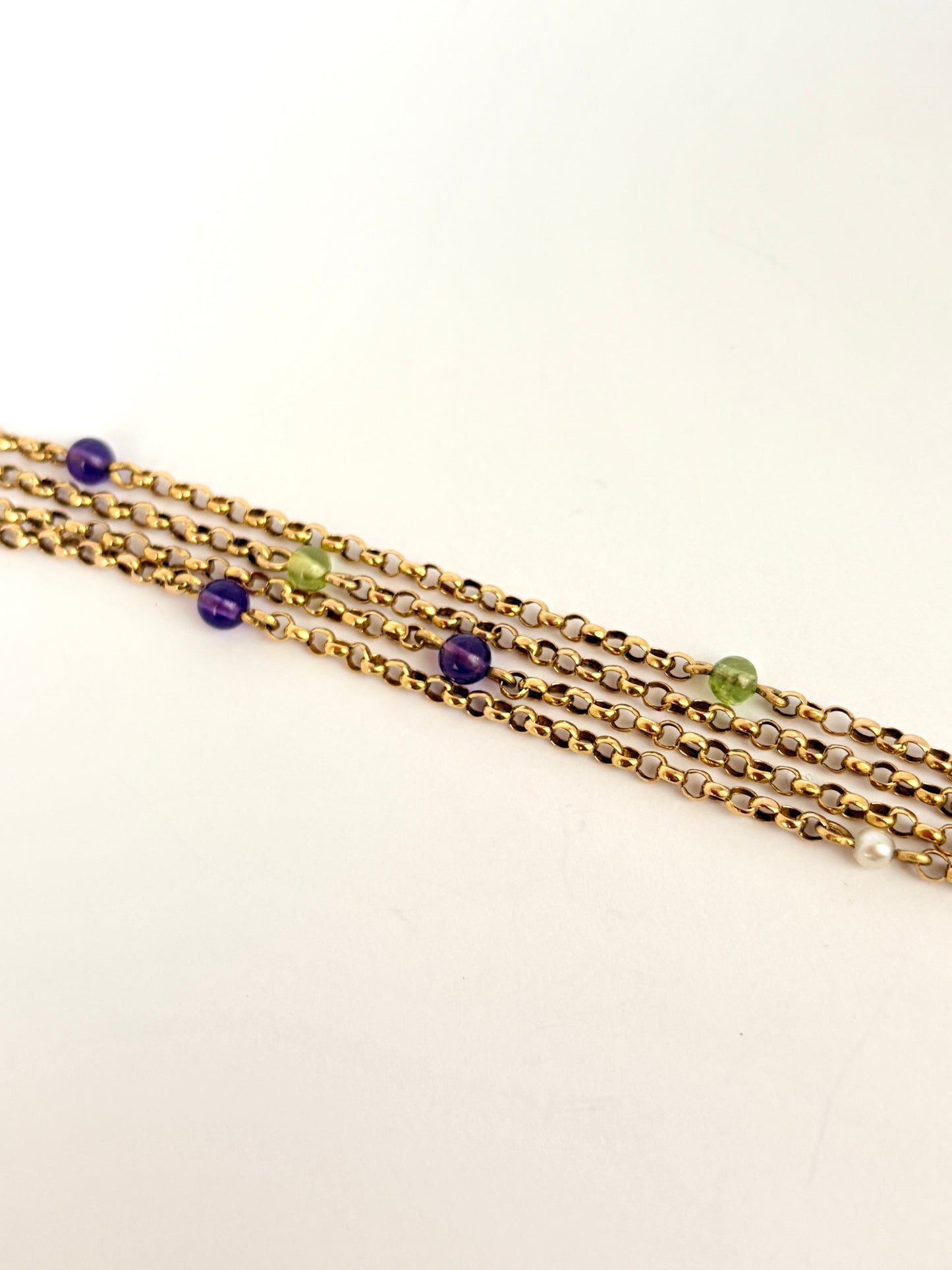 26 inch Vintage, 9ct Gold, Multi Gem (Suffragette Colours: Amethyst, Peridot and Pearl) Chain, 7.17g