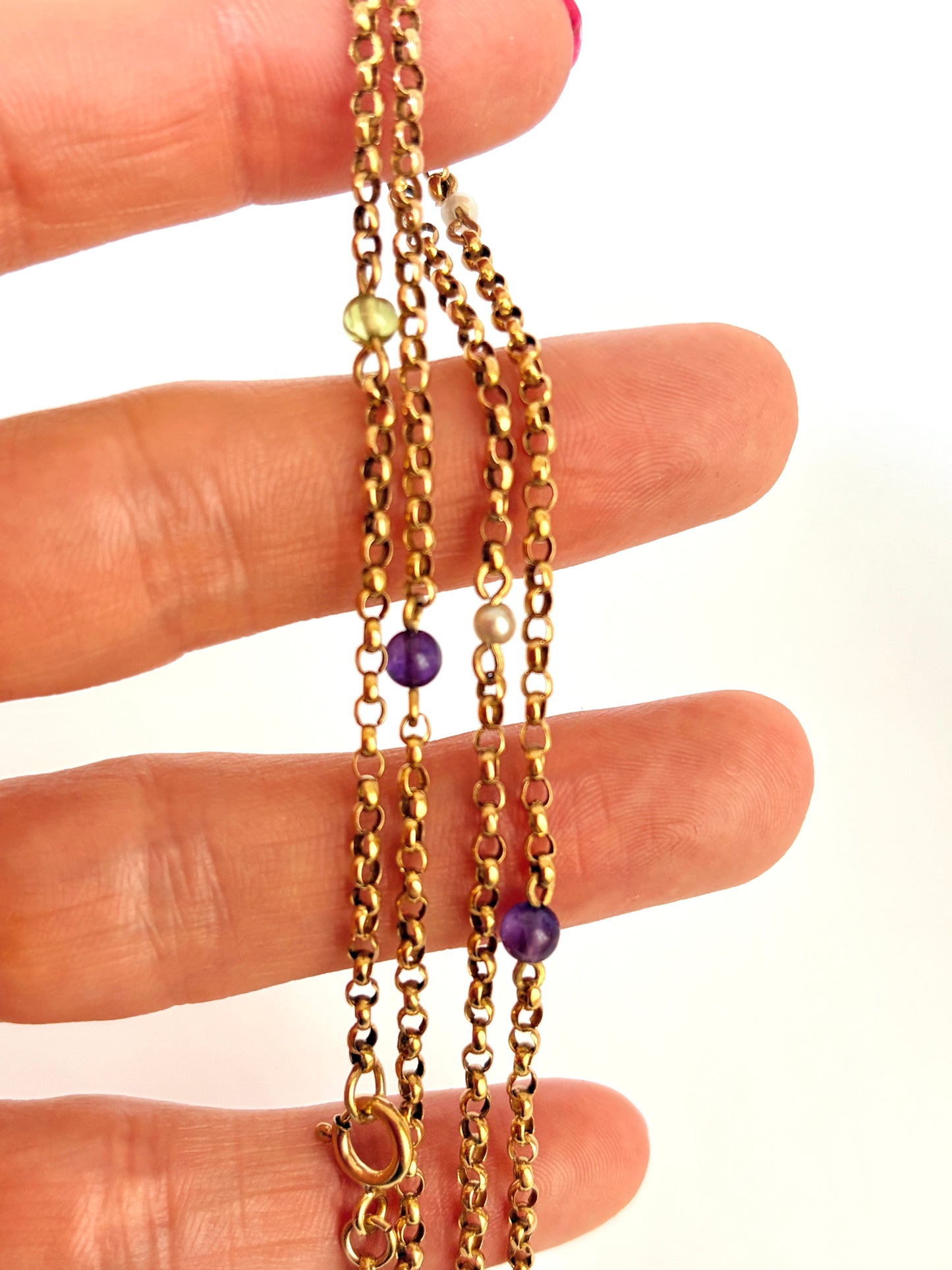 26 inch Vintage, 9ct Gold, Multi Gem (Suffragette Colours: Amethyst, Peridot and Pearl) Chain, 7.17g