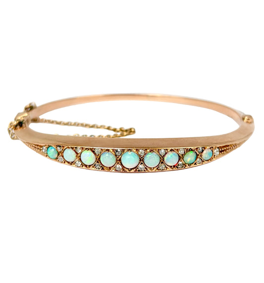 Antique, 15ct Gold,  Opal and Old Cut Diamond Bangle, 11.97g