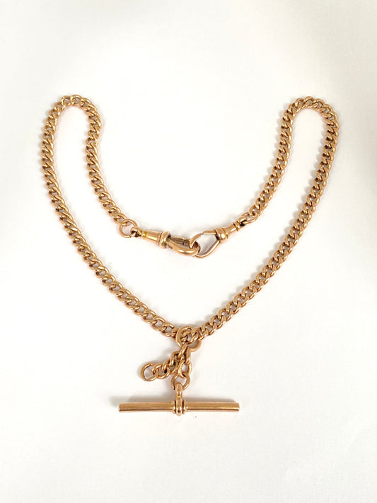 RESERVED 16 inch, Victorian 9ct Gold Albert Watch Chain with floating T bar, extender and dog clips (32.89g)