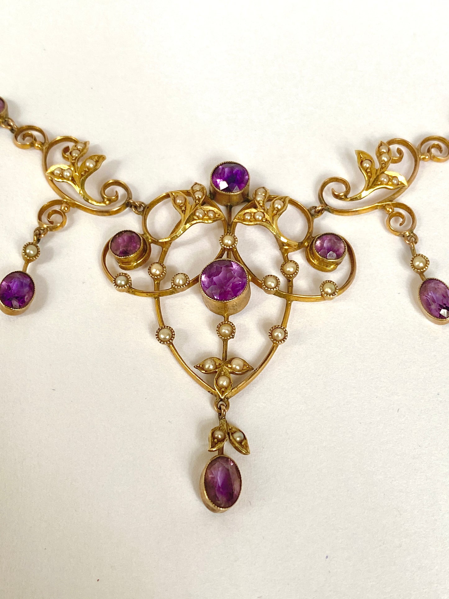 Incredible Antique, 9ct Gold, Amethyst and Seed Pearl Lavalier Pendant and 9ct Gold Chain