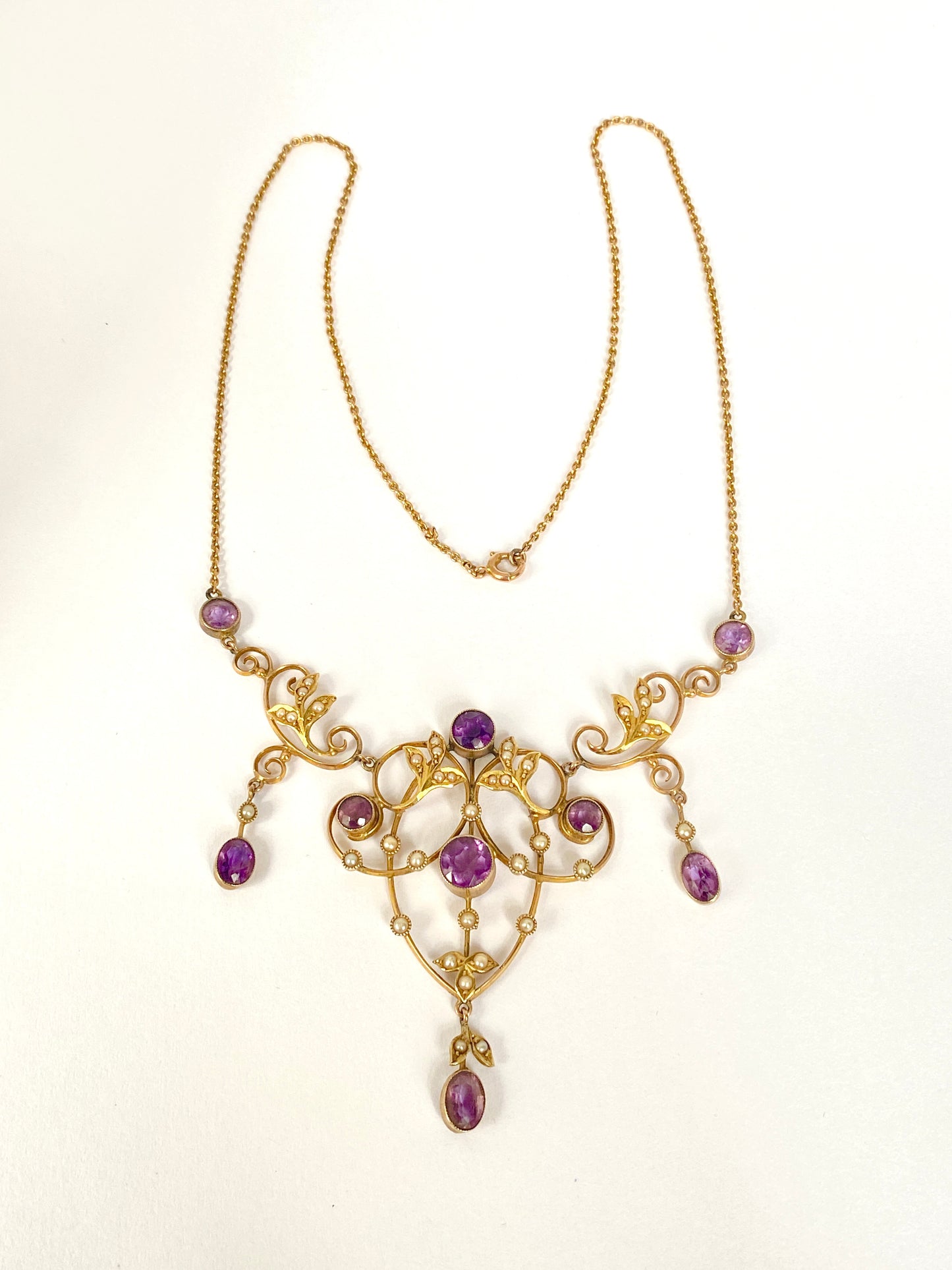 Incredible Antique, 9ct Gold, Amethyst and Seed Pearl Lavalier Pendant and 9ct Gold Chain