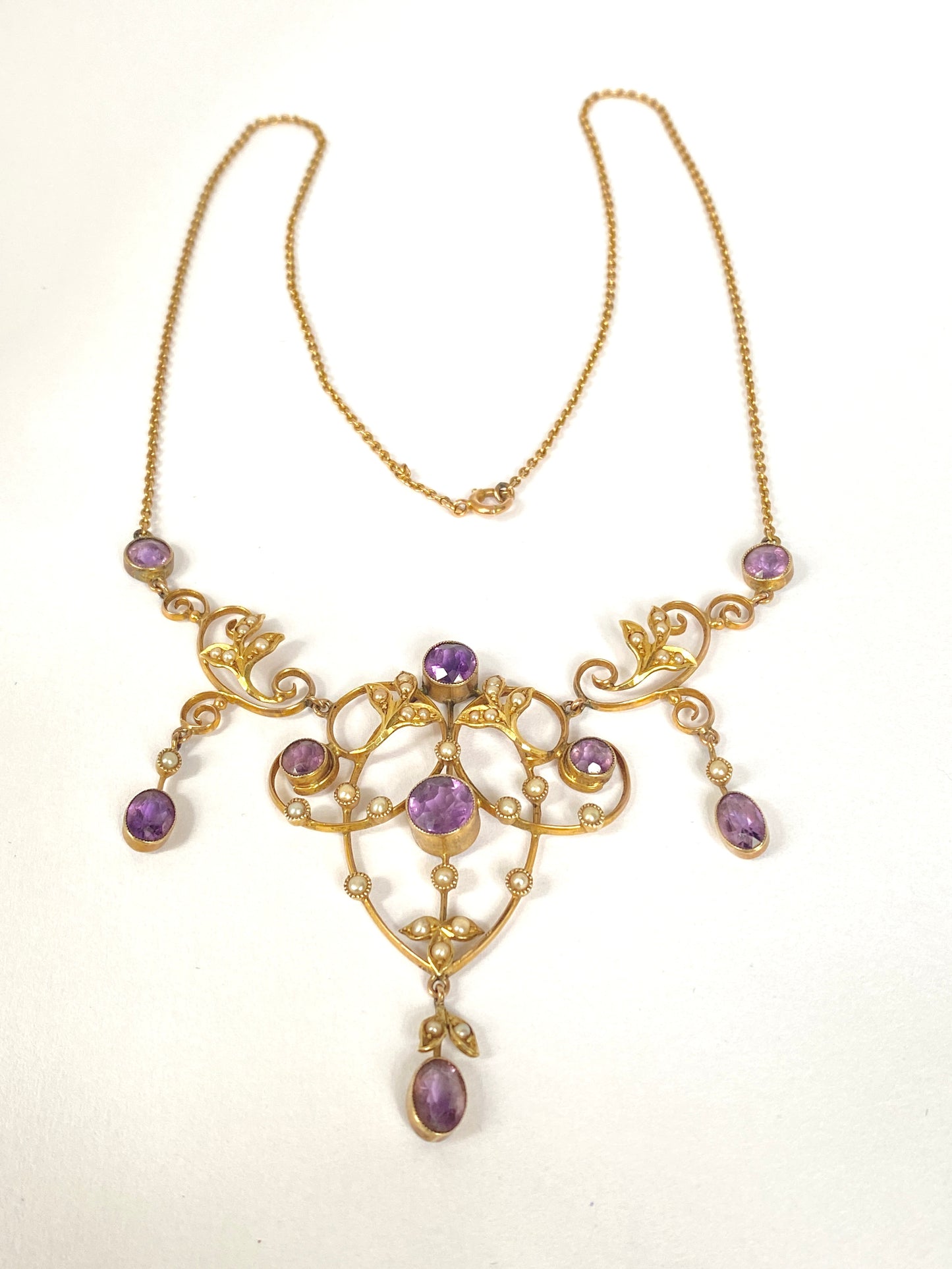 Incredible Antique, 9ct Gold, Amethyst and Seed Pearl Lavalier Pendant and 9ct Gold Chain