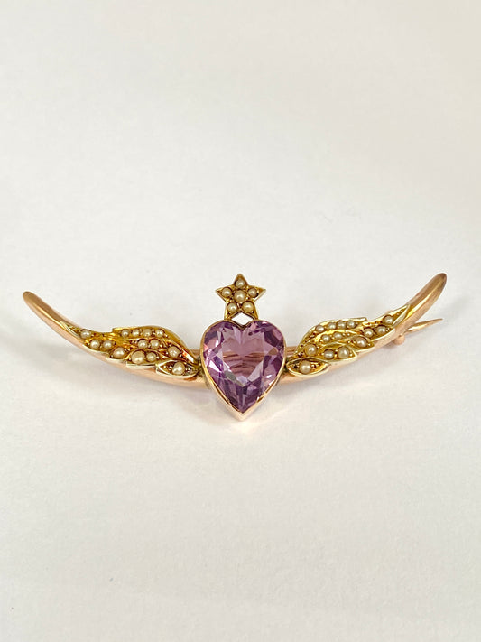 Victorian 9ct Gold, Amethyst and Pearl Angel Wing Star Brooch with Box