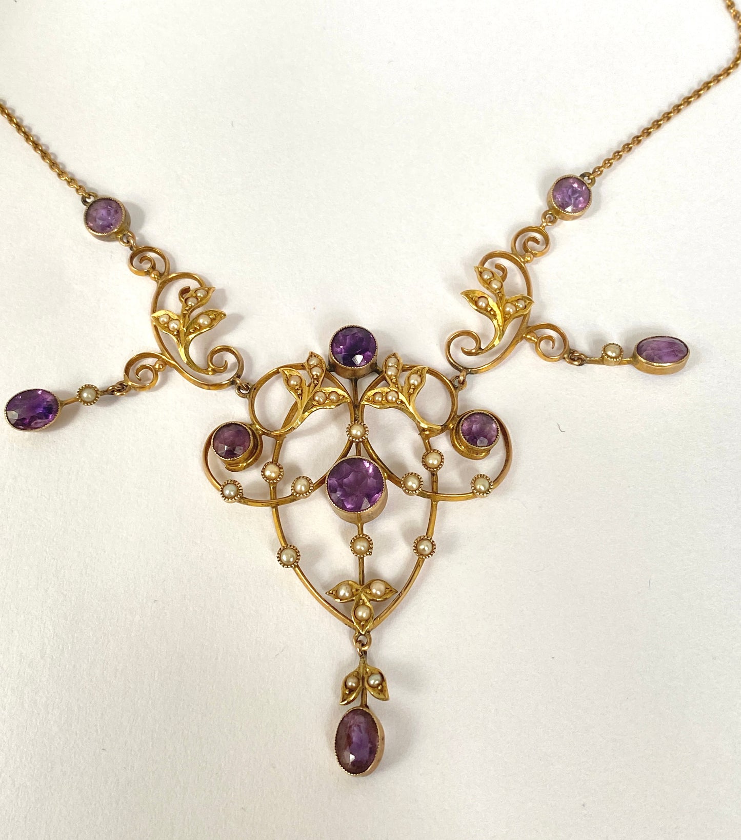 Incredible Antique, 9ct Gold, Amethyst and Seed Pearl Lavalier Pendant and 9ct Gold Chain