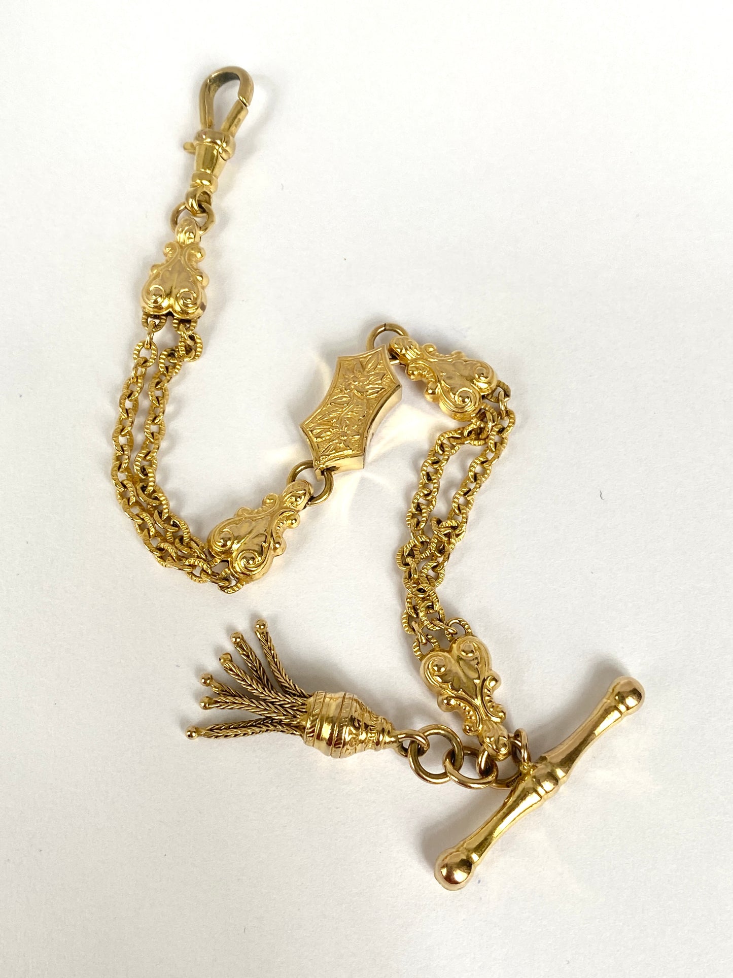 Antique, 9ct Gold Albertina Fancy Link Watch Chain Bracelet with T Bar, Dog Clip and Tassel