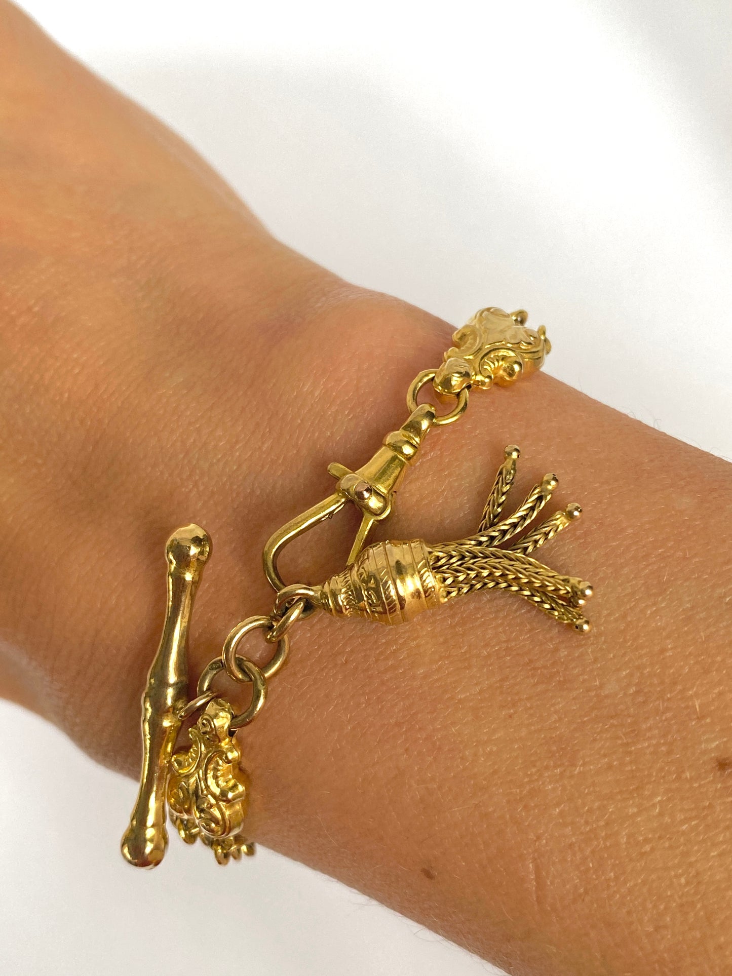 Antique, 9ct Gold Albertina Fancy Link Watch Chain Bracelet with T Bar, Dog Clip and Tassel