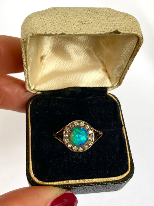 Incredible Vintage 18ct Gold and Silver Jelly Opal Diamond Cluster Ring