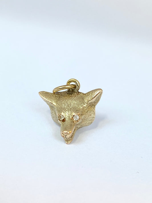 Antique, Large 9ct Gold Fox Head Pendant/Charm with Diamond eyes.