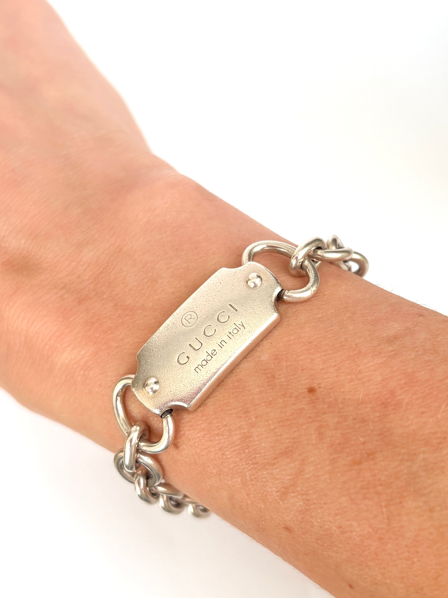 Classic Vintage (c 1990s) Sterling Silver Gucci Tag Bracelet, 7 inches