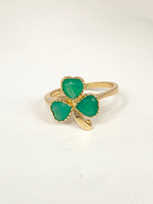 9ct Gold Green Agate Three Leaf Clover (Shamrock) Ring