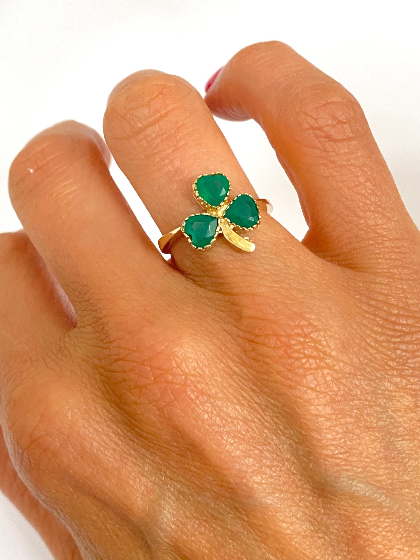 9ct Gold Green Agate Three Leaf Clover (Shamrock) Ring