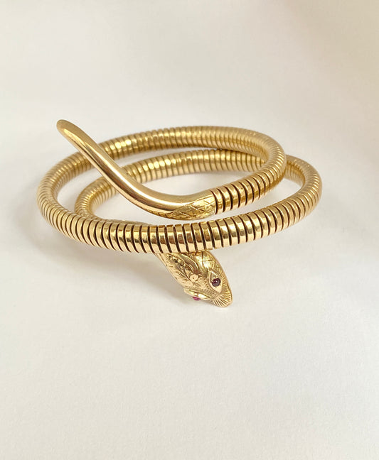 Vintage, 9ct Gold, Ruby Eyed Extendable Snake Bangle, Hallmarked 9ct Gold, Birmingham, 1963, 31g