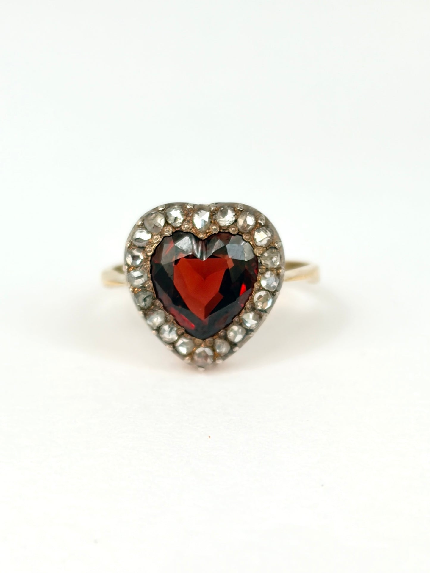 Vintage 18ct Gold, Rose cut Diamond and Garnet Heart Ring