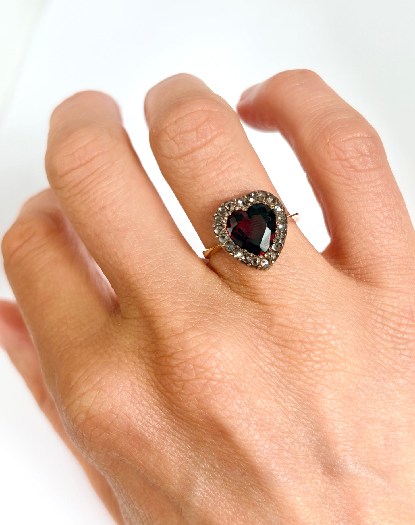 Vintage 18ct Gold, Rose cut Diamond and Garnet Heart Ring