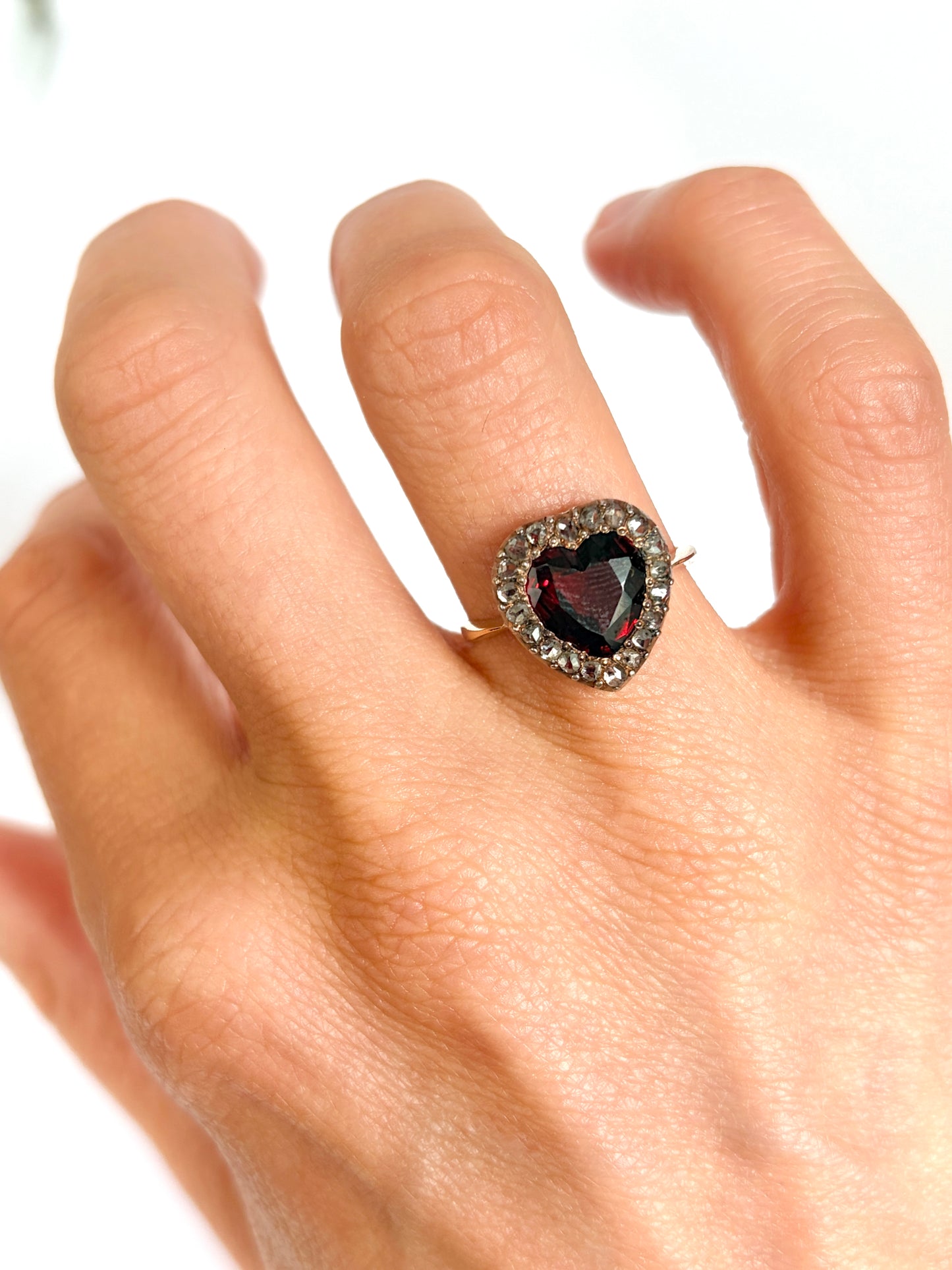 Vintage 18ct Gold, Rose cut Diamond and Garnet Heart Ring