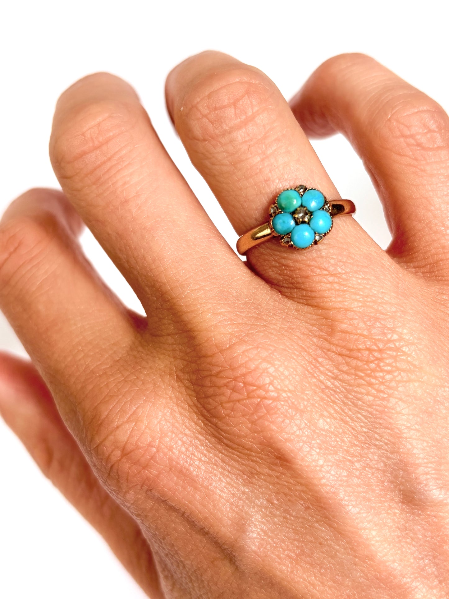 Victorian, 18ct Gold Forget-me-not Ring, with Turquoise and Rose Cut Diamonds