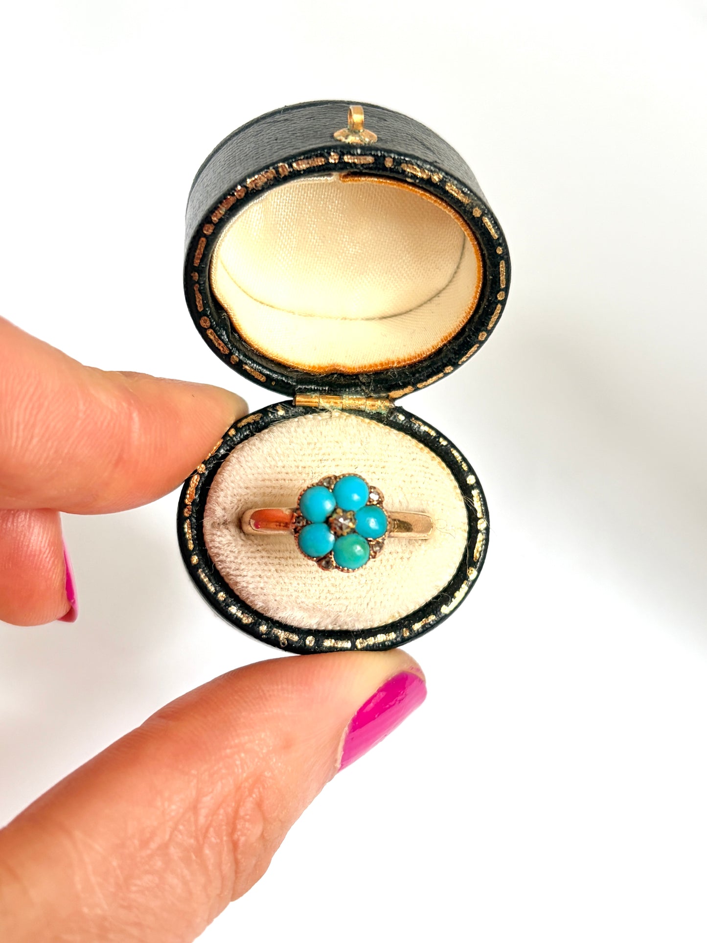 Victorian, 18ct Gold Forget-me-not Ring, with Turquoise and Rose Cut Diamonds