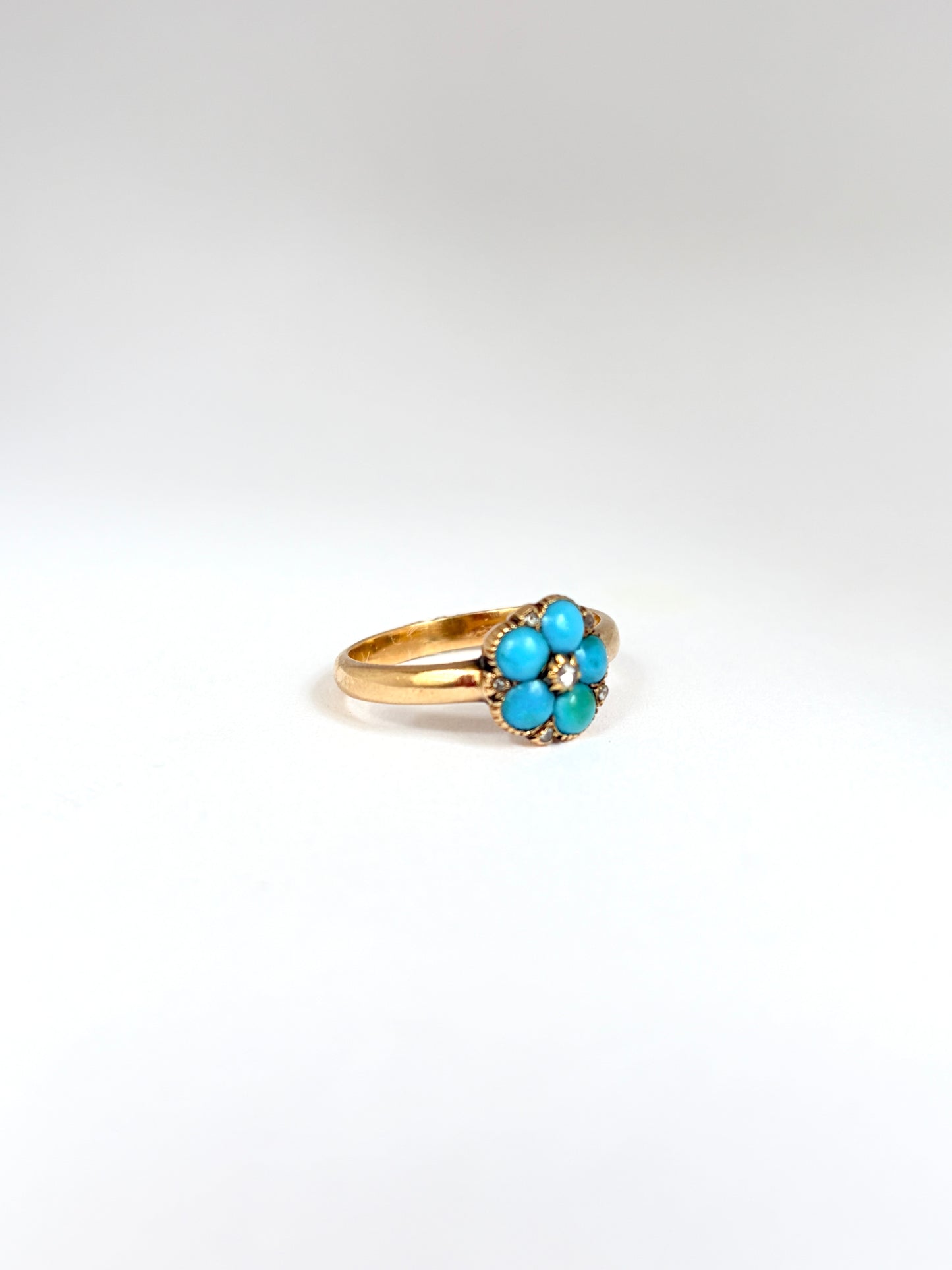 Victorian, 18ct Gold Forget-me-not Ring, with Turquoise and Rose Cut Diamonds