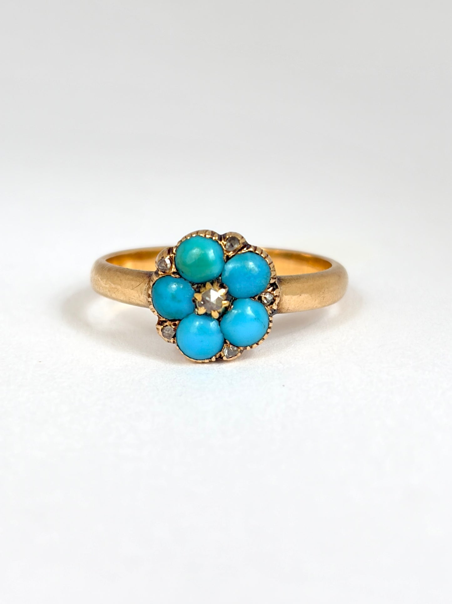 Victorian, 18ct Gold Forget-me-not Ring, with Turquoise and Rose Cut Diamonds