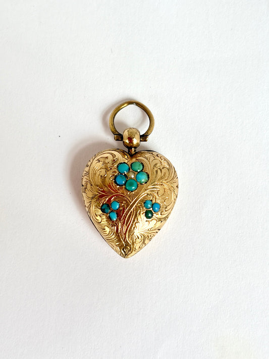 Victorian, Rolled Gold, Forget me Not Heart Locket with Natural Turquoise
