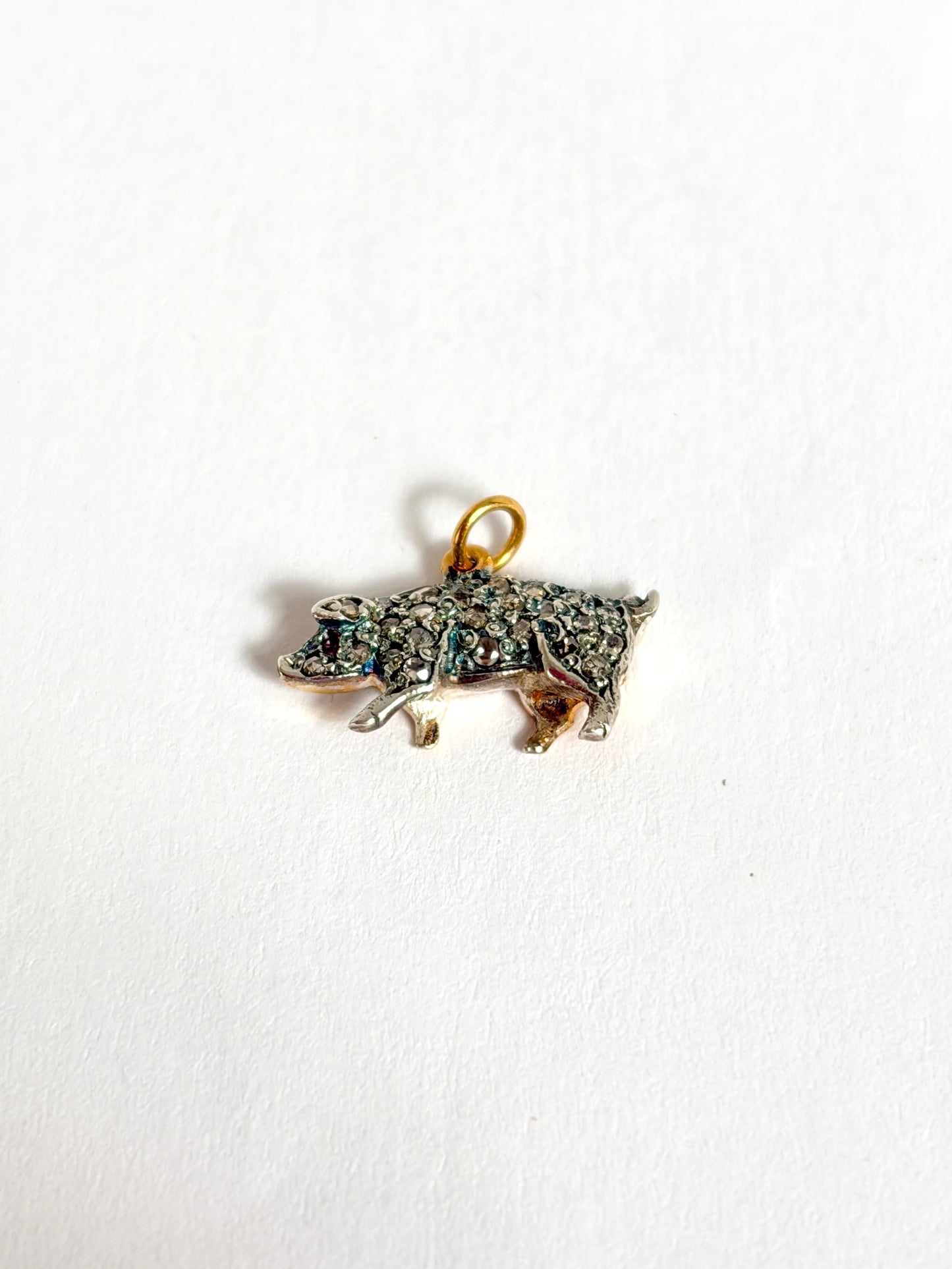 Antique, 15ct Gold Lucky Pig Charm/Pendant with Rose cut Diamonds and a Ruby Eye