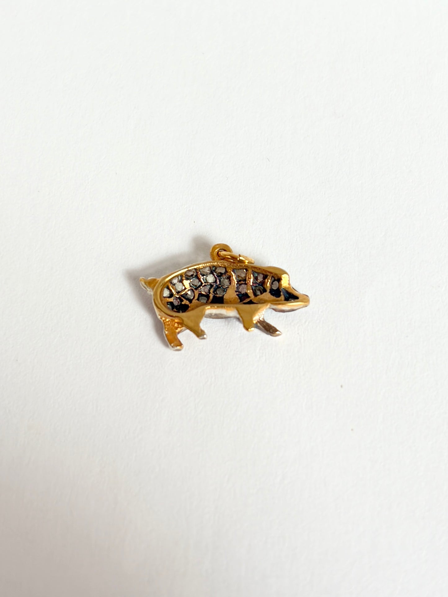 Antique, 15ct Gold Lucky Pig Charm/Pendant with Rose cut Diamonds and a Ruby Eye