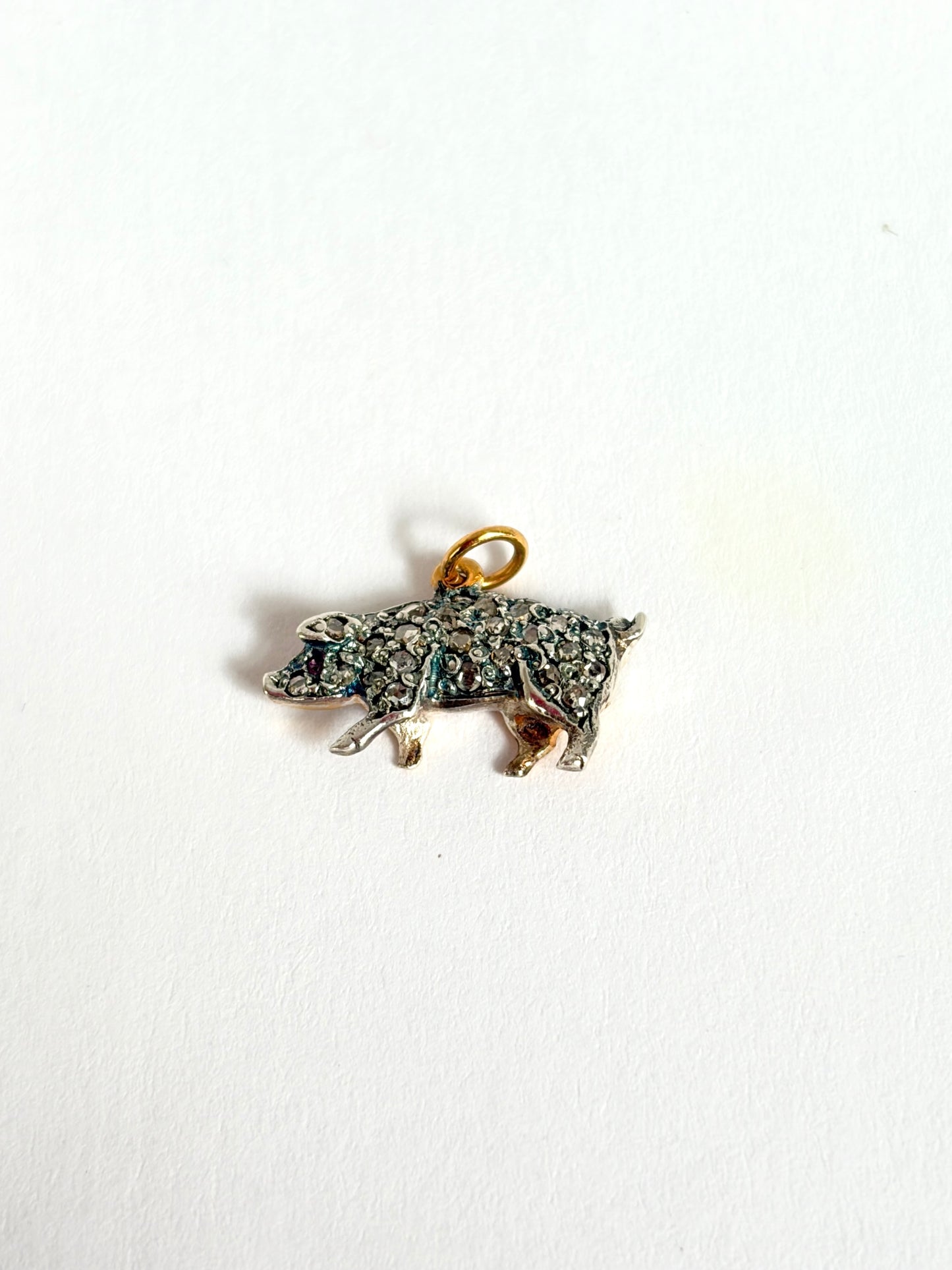 Antique, 15ct Gold Lucky Pig Charm/Pendant with Rose cut Diamonds and a Ruby Eye
