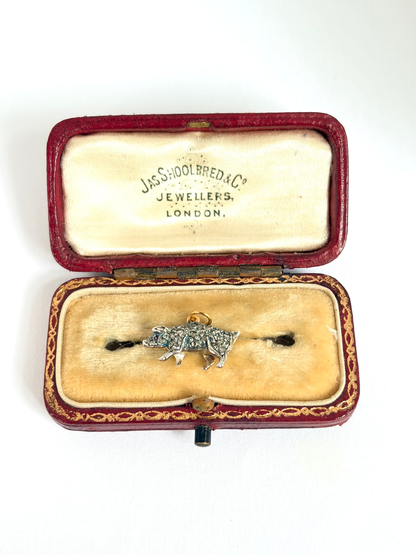 Antique, 15ct Gold Lucky Pig Charm/Pendant with Rose cut Diamonds and a Ruby Eye