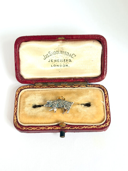 Antique, 15ct Gold Lucky Pig Charm/Pendant with Rose cut Diamonds and a Ruby Eye