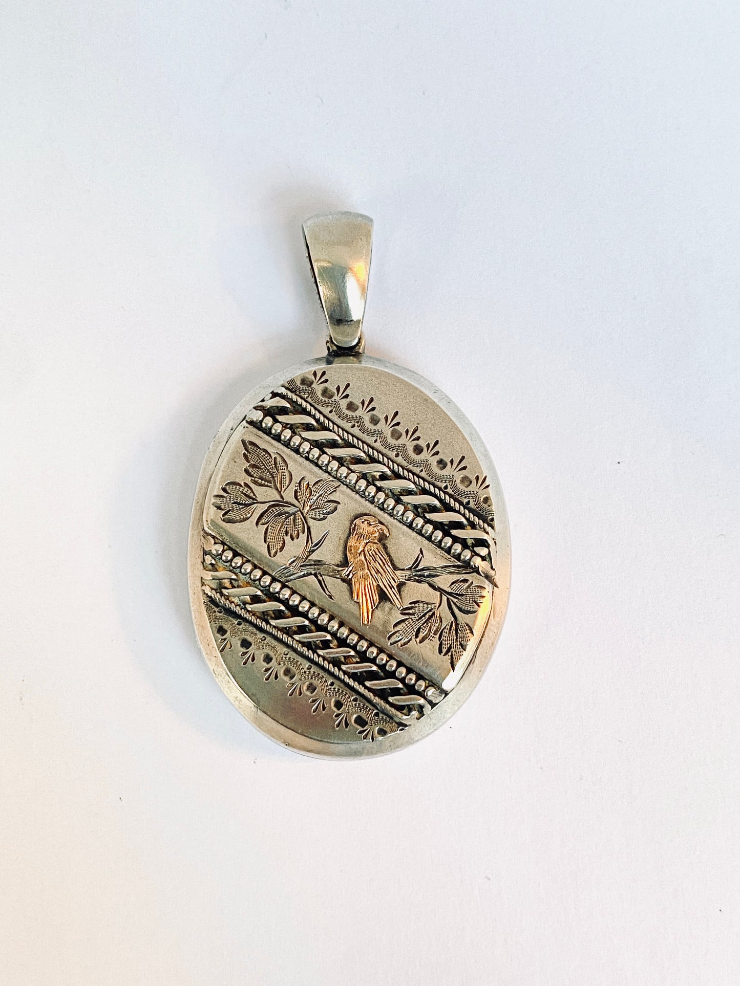 Antique, Victorian, Solid Silver and 9ct Gold, Aesthetic Movement Sweetheart Bird locket