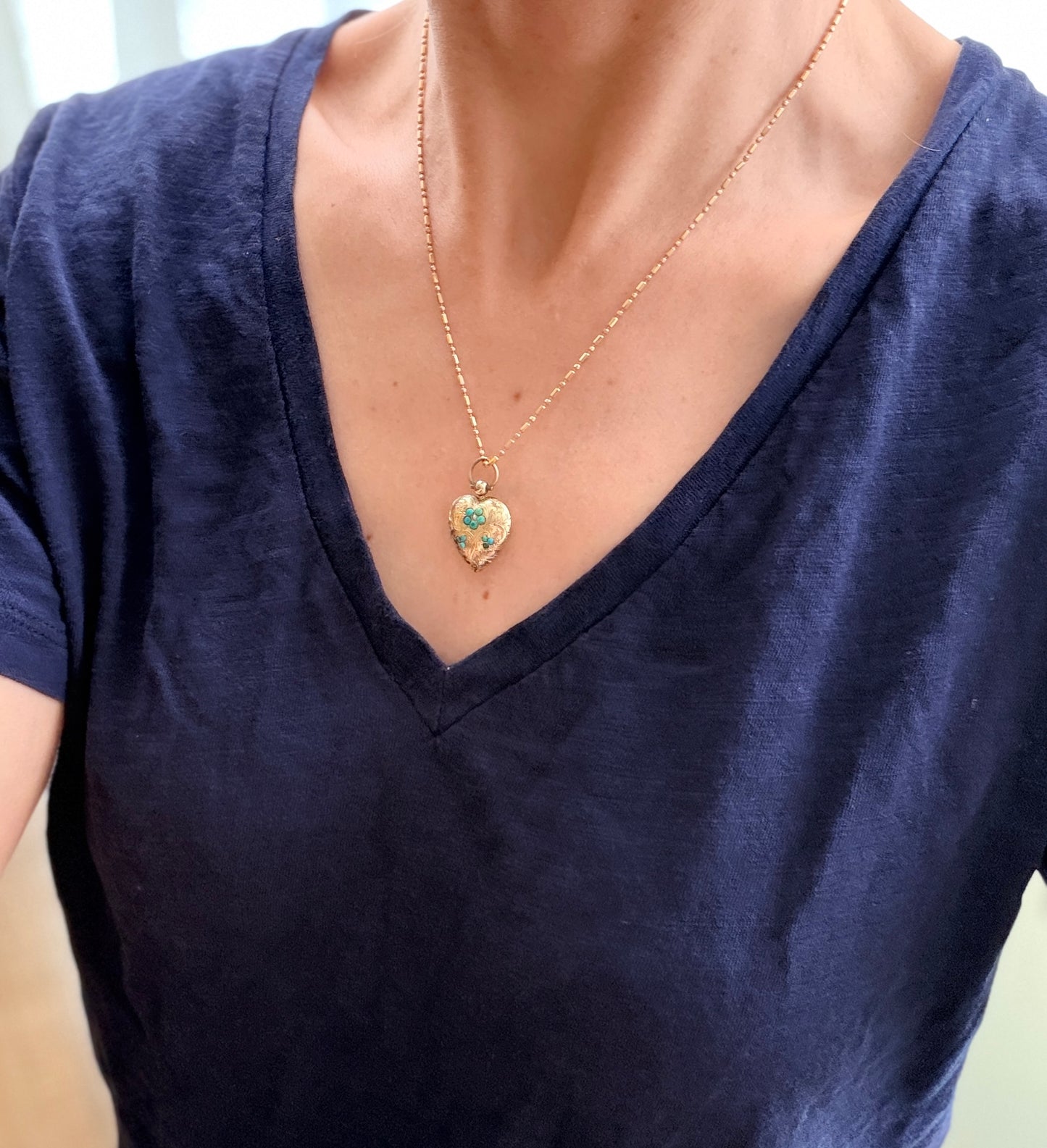Victorian, Rolled Gold, Forget me Not Heart Locket with Natural Turquoise