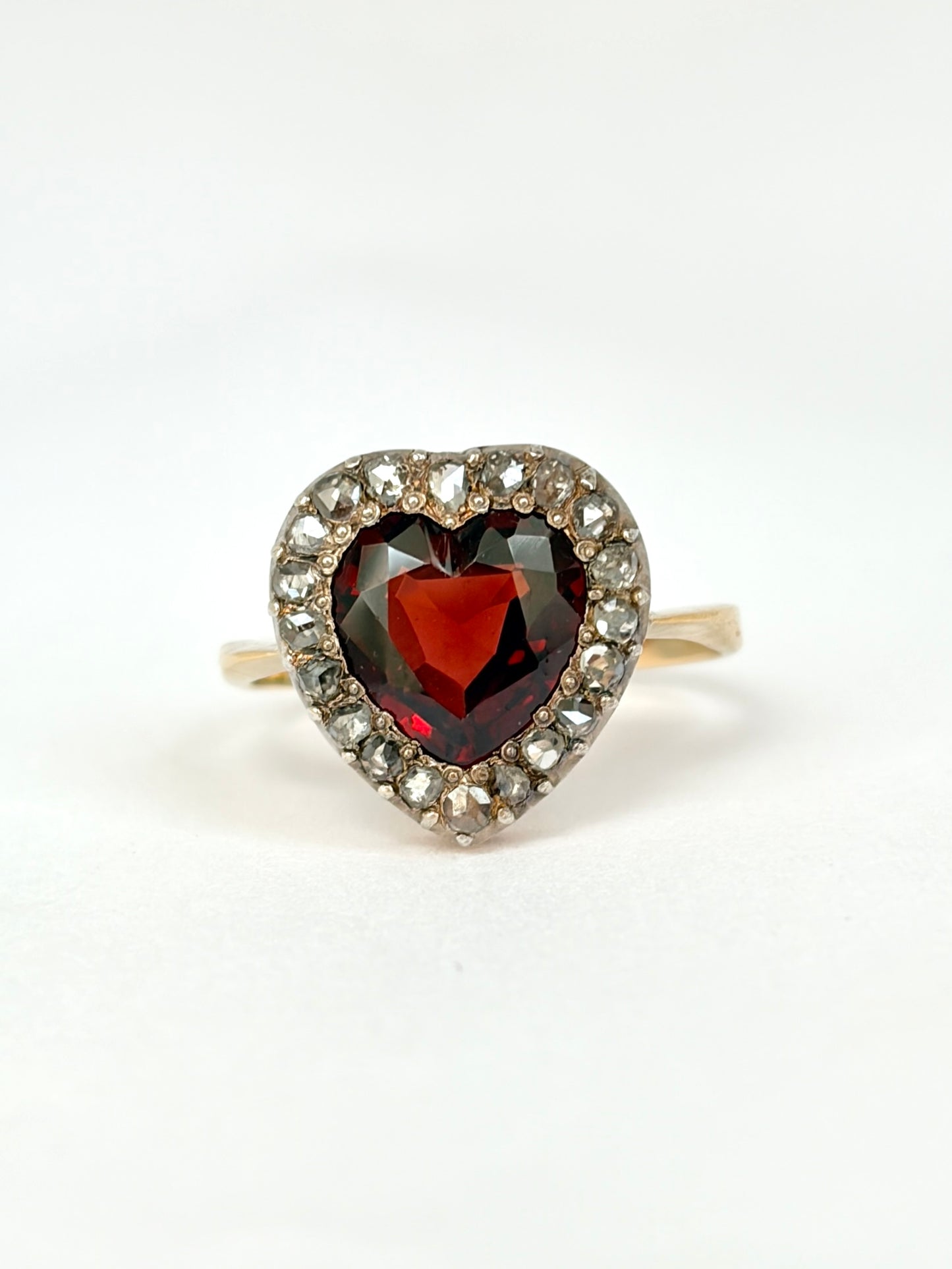 Vintage 18ct Gold, Rose cut Diamond and Garnet Heart Ring