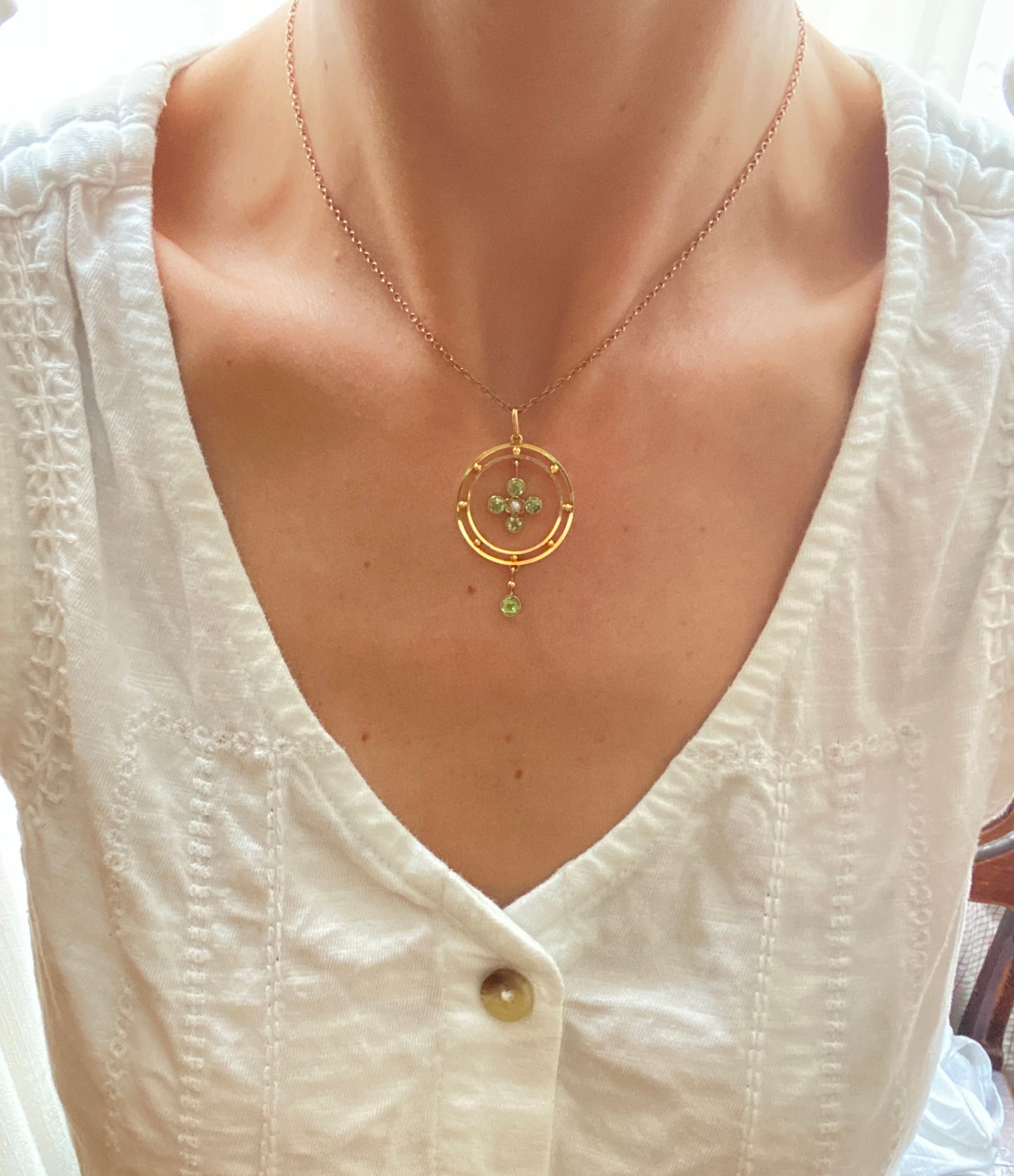 Third Payment SAIRA 9ct Gold, Art Nouveau, Antique Peridot and Seed Pearl Pendant