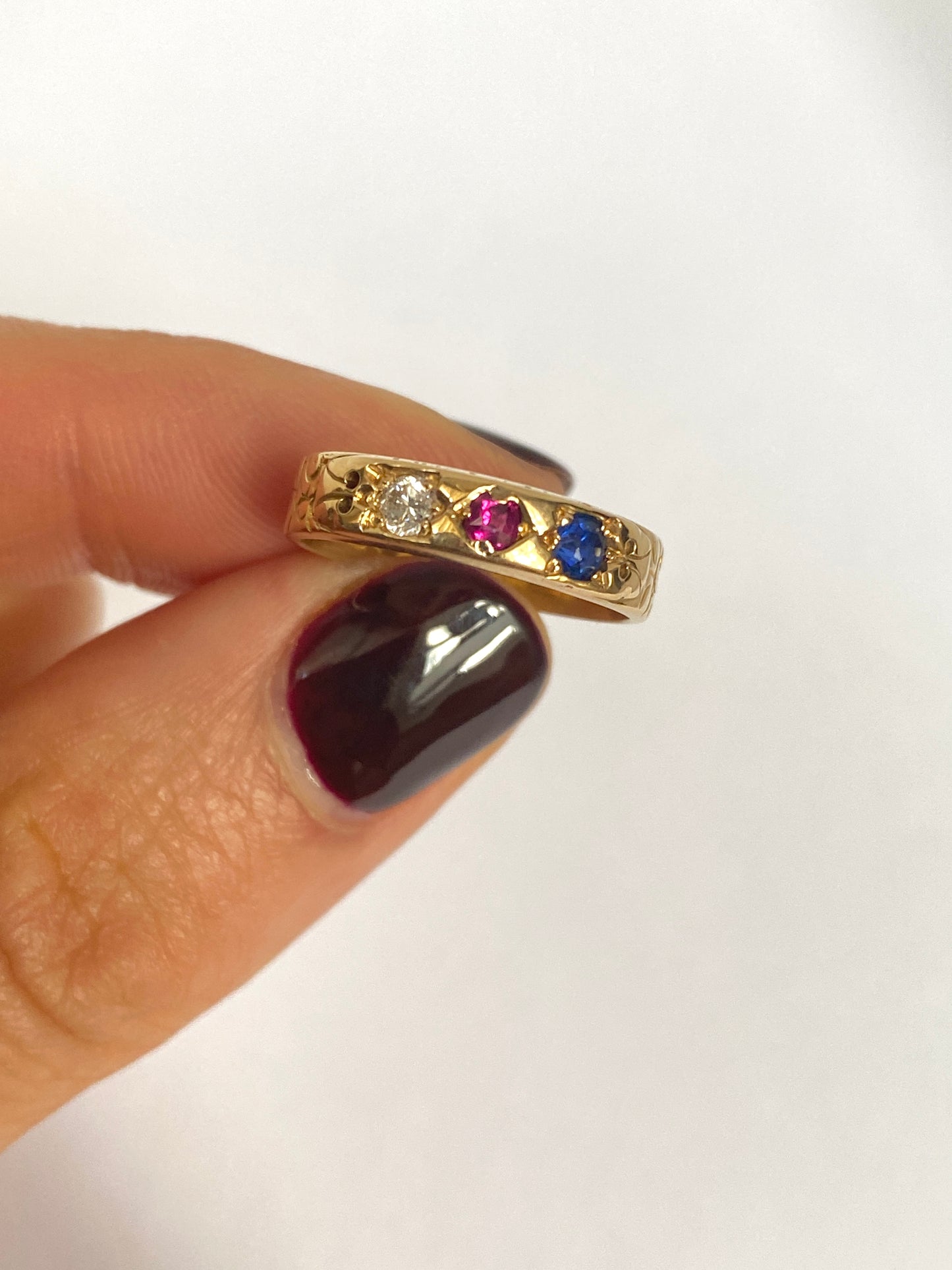 Antique, Victorian 18ct Gold Ruby, Sapphire and Diamond Tricolour Ring, Hallmarked, London 1876