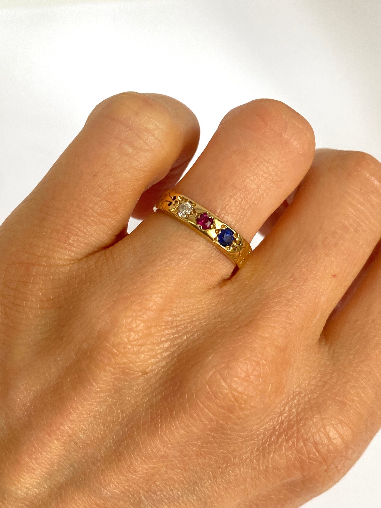 Antique, Victorian 18ct Gold Ruby, Sapphire and Diamond Tricolour Ring, Hallmarked, London 1876