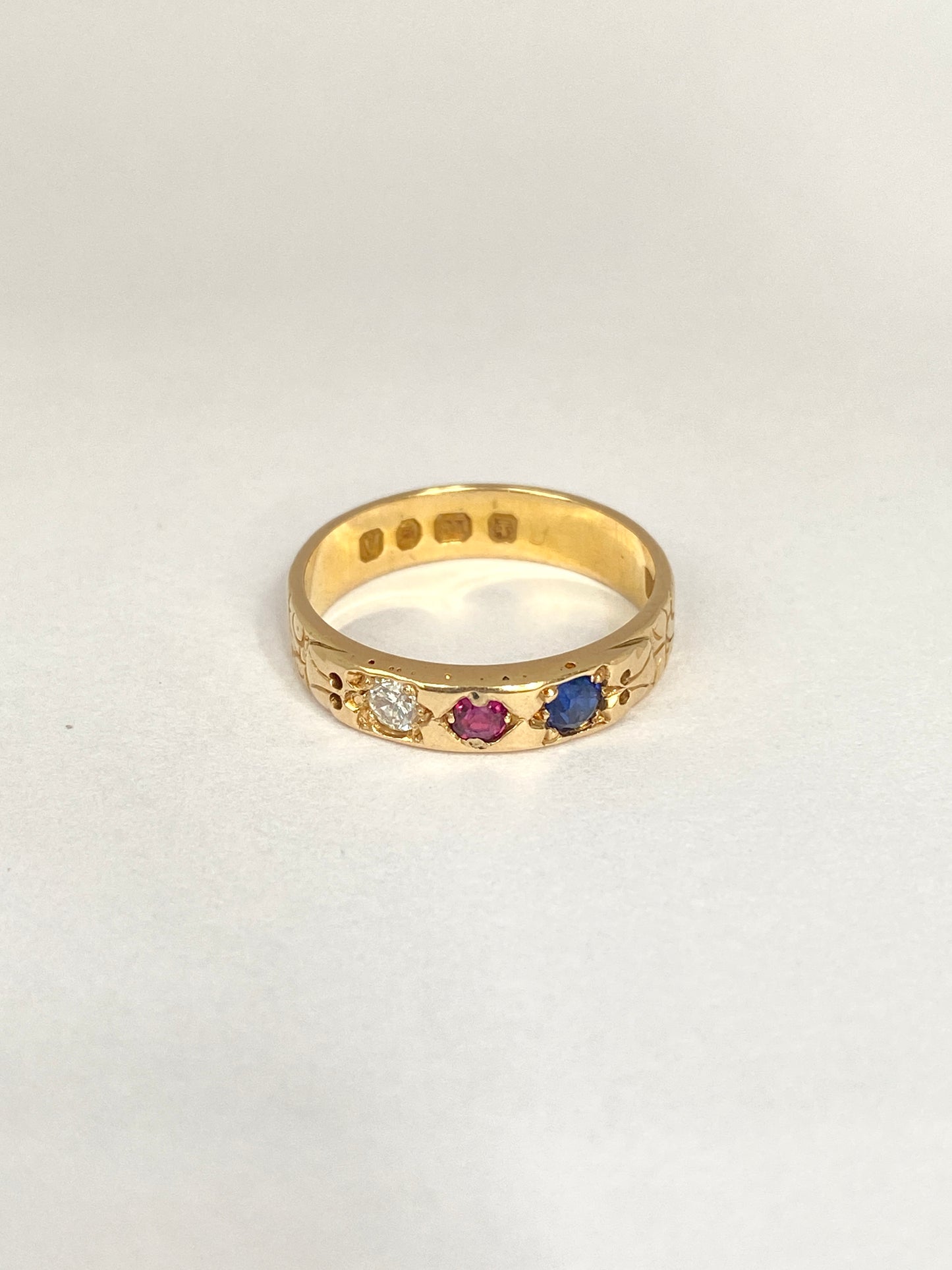 Antique, Victorian 18ct Gold Ruby, Sapphire and Diamond Tricolour Ring, Hallmarked, London 1876