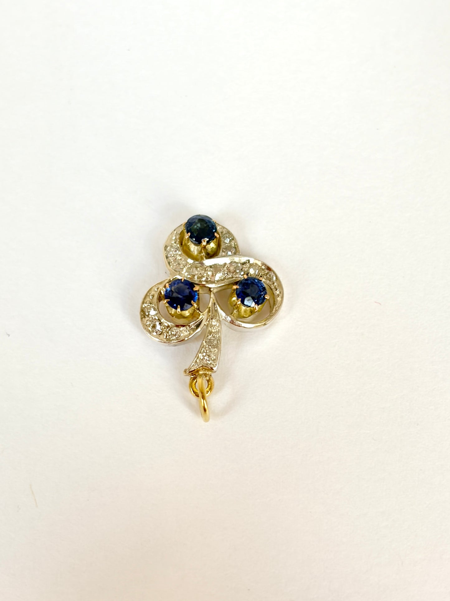 18ct Gold, Platinum Diamond and Sapphire Three Leaf Clover Pendant