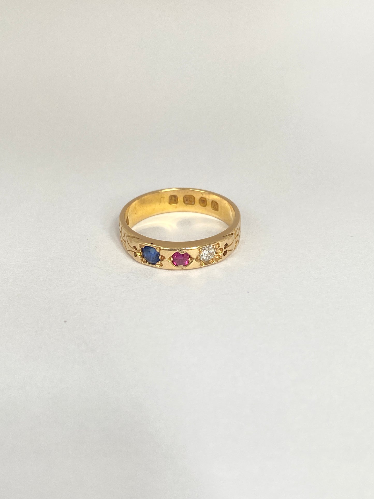 Antique, Victorian 18ct Gold Ruby, Sapphire and Diamond Tricolour Ring, Hallmarked, London 1876