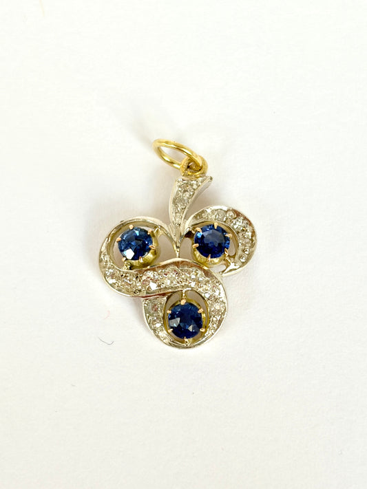 18ct Gold, Platinum Diamond and Sapphire Three Leaf Clover Pendant