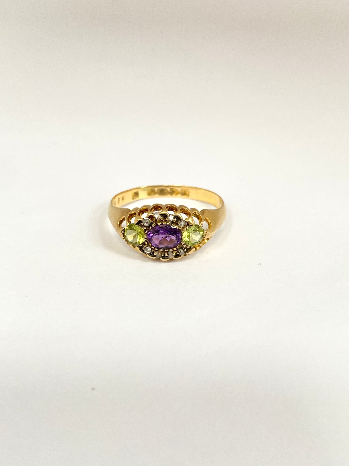 18ct Gold, Antique (Suffragette) Amethyst, Peridot and Diamond Ring, Hallmarked, 18ct Gold, Chester and 1905