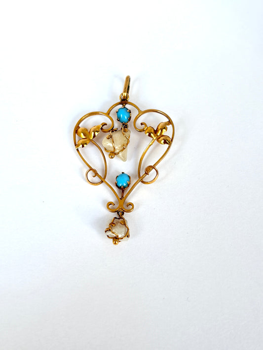 Elegant, Edwardian, 9ct Gold, Turquoise and Pearl Pendant
